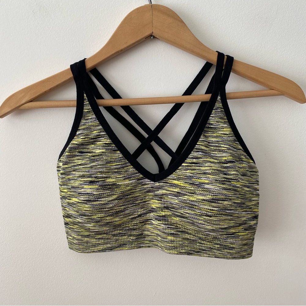 3/$30💚Reitmans Hyba Multi-Strap Low-Impact Sports Bra black yellow size medium